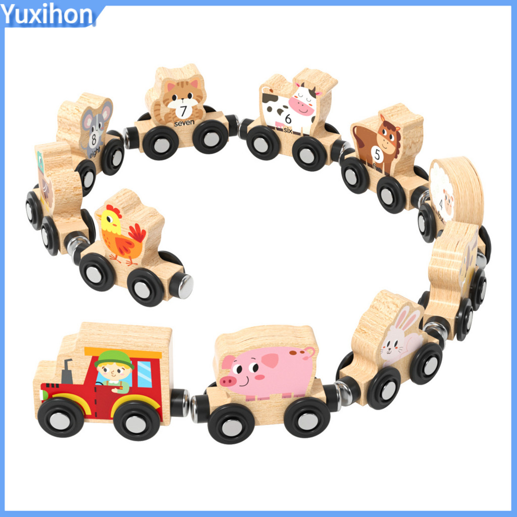 Toddlers Farm Train Toy Wooden Set Kids Magnetic Colorful Cartoon Numbers Educational Carriages for Boys Girls Preschool