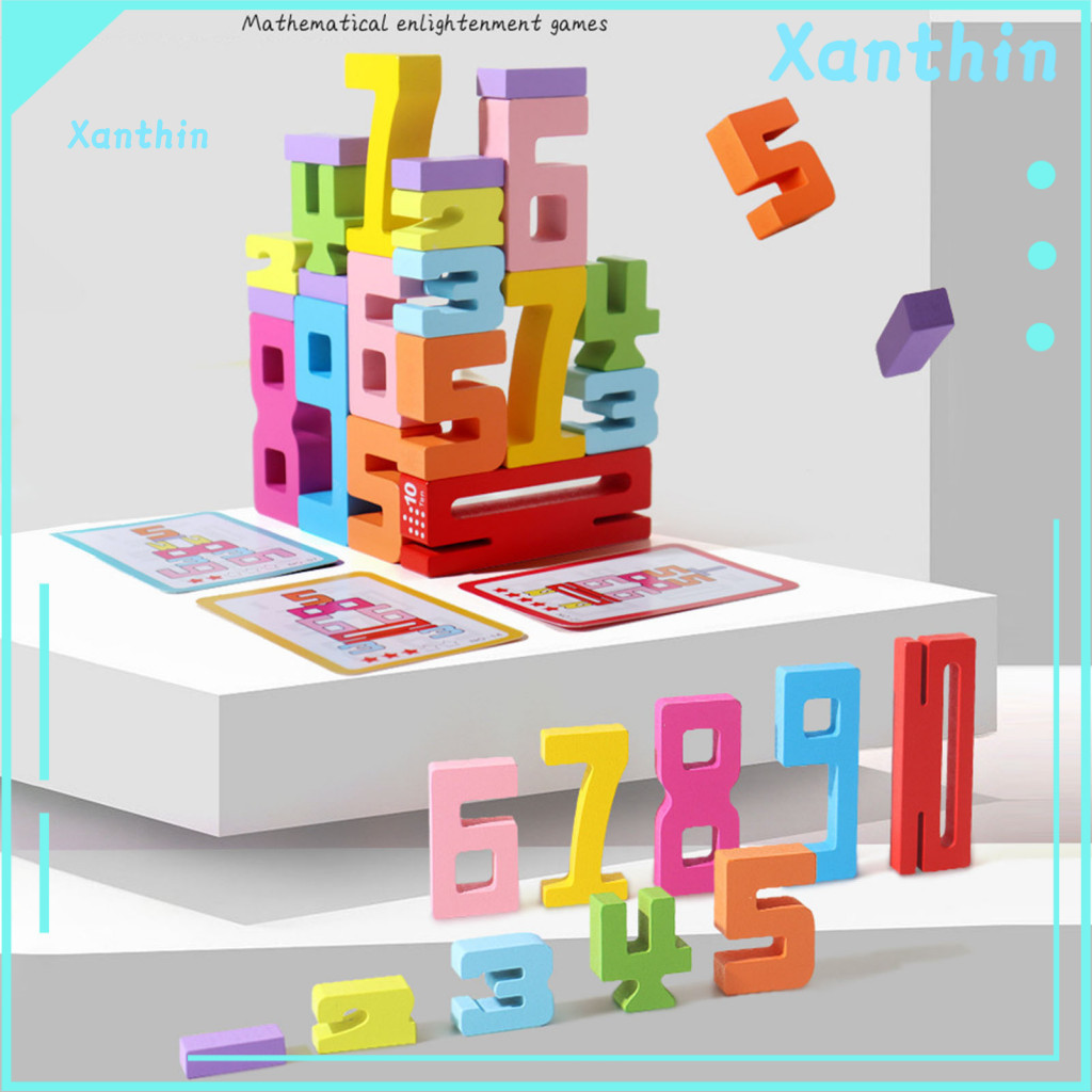 Kids Number Puzzles Educational Math Toy 1 Set Wooden Building Blocks Counting Stacking for Toddlers Boys Girls Learning