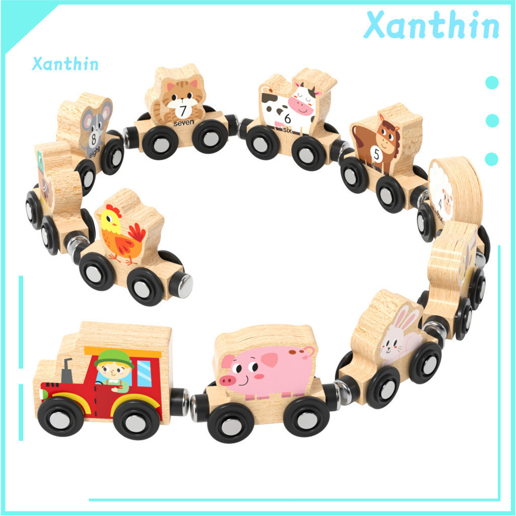 Kids Train Playset Wooden Set Magnetic Farm Toy Colorful Cartoon Numbers Educational Preschool Learning Carriages for To