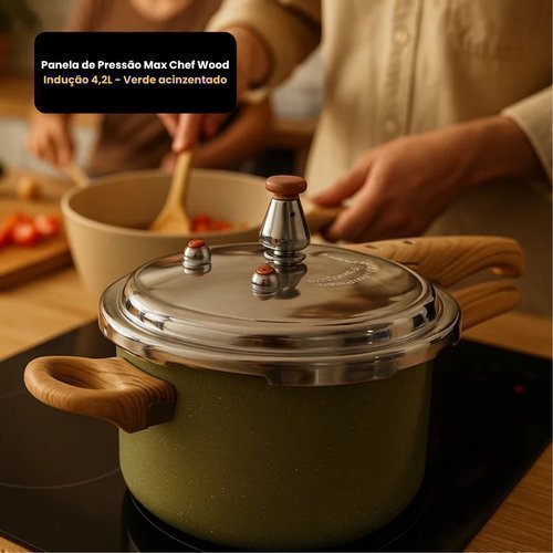 Panela pressão Max Chef Wood Indução 4,2L verde acinzentado Fratelli alumínio cerâmica