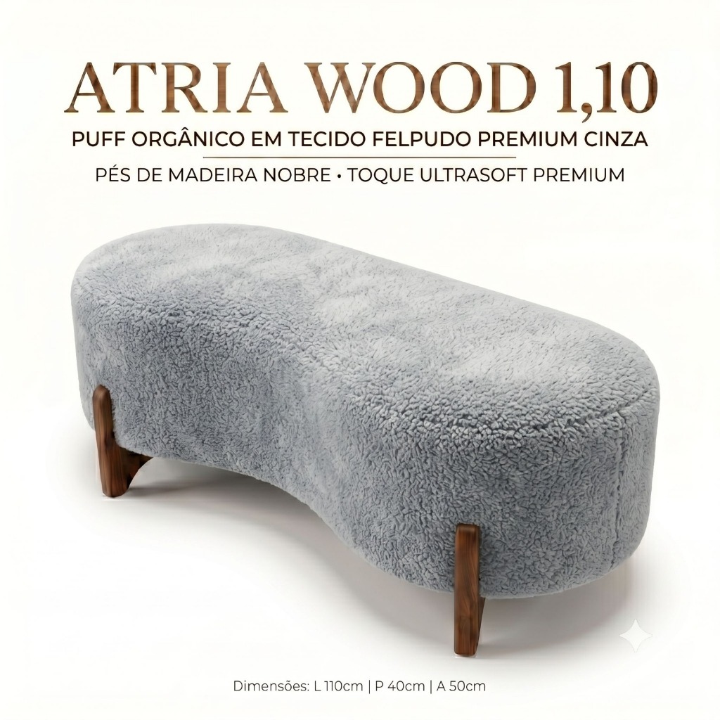Puff Atria Wood 1,10m Bouclé Prata • Peça Decorativa Premium • Sofisticação e Design para Ambientes Modernos