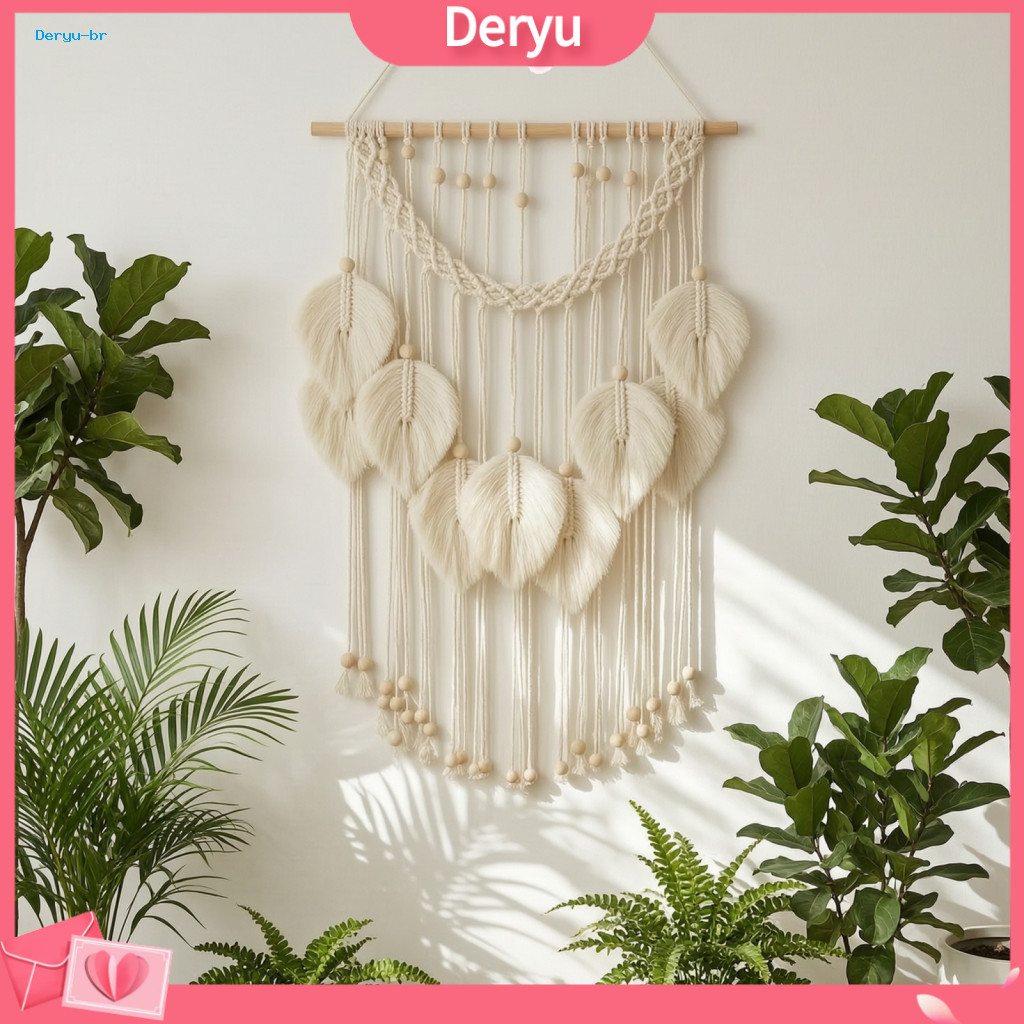 Bohemian Wall Decor Natural Wood Hanging Boho Leaf Tapestry with Beads – Handmade Soft Woven Rustic for Bedroom Room D