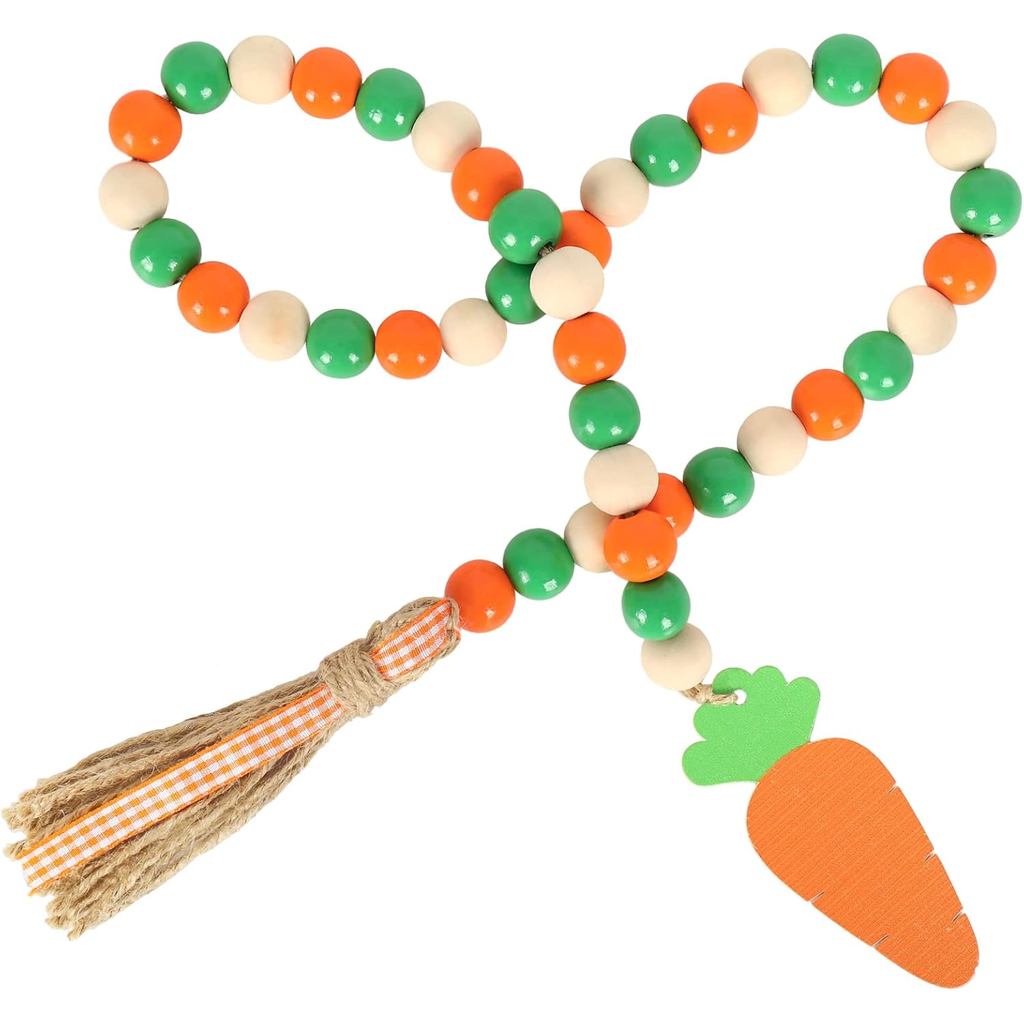 Whaline Easter Wood Bead Garland with Tassel Carrot Ornament Rustic Farmhouse Natural Wooden Bead Hanging Decor for Spri