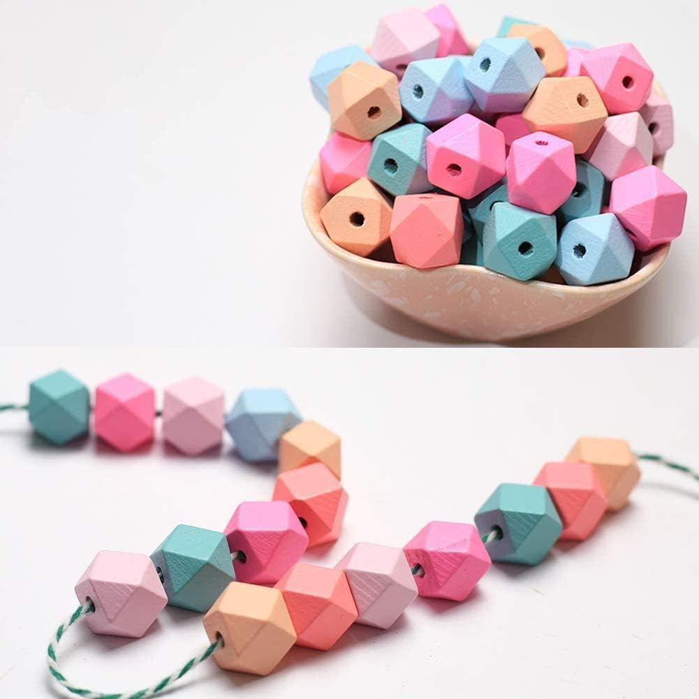 ToBeIT Wooden Beads 70 pcs Geometric Faceted Candy Color Wood Beads Bracelet Garland for DIY Craft Project and Jewelry H