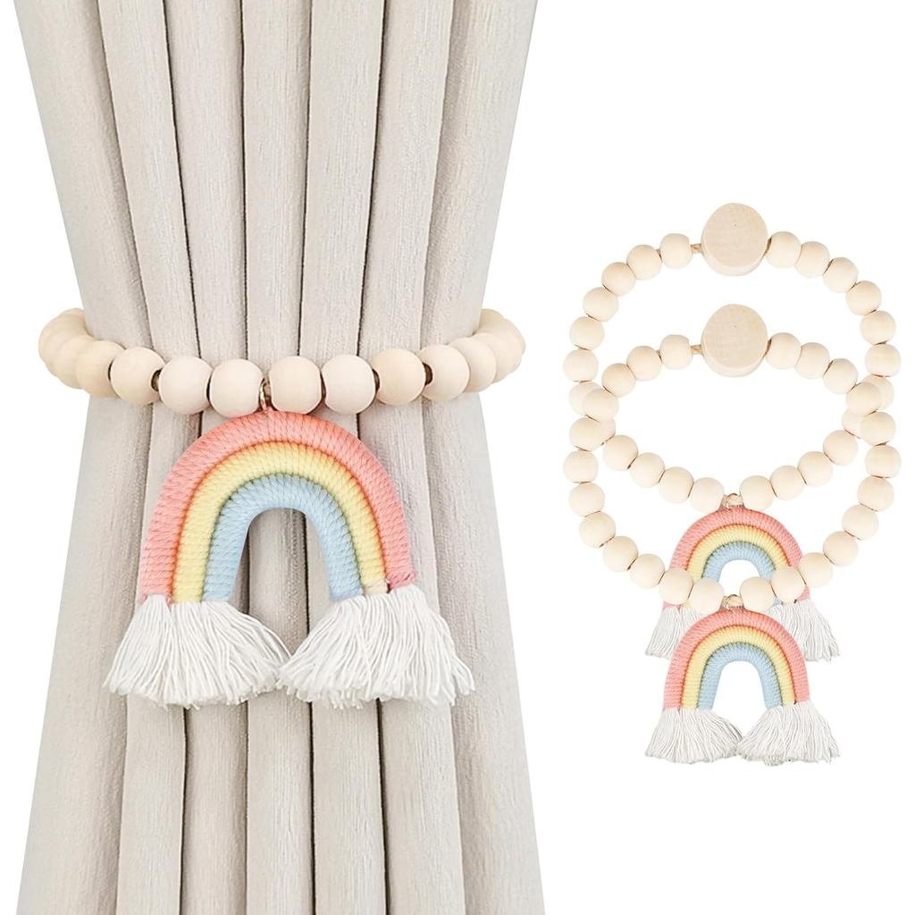 Curtain Holdbacks Magnetic Holders, Wood Bead Curtain Holdbacks Boho Rainbow Tiebacks for Drapes Curtains Sheer