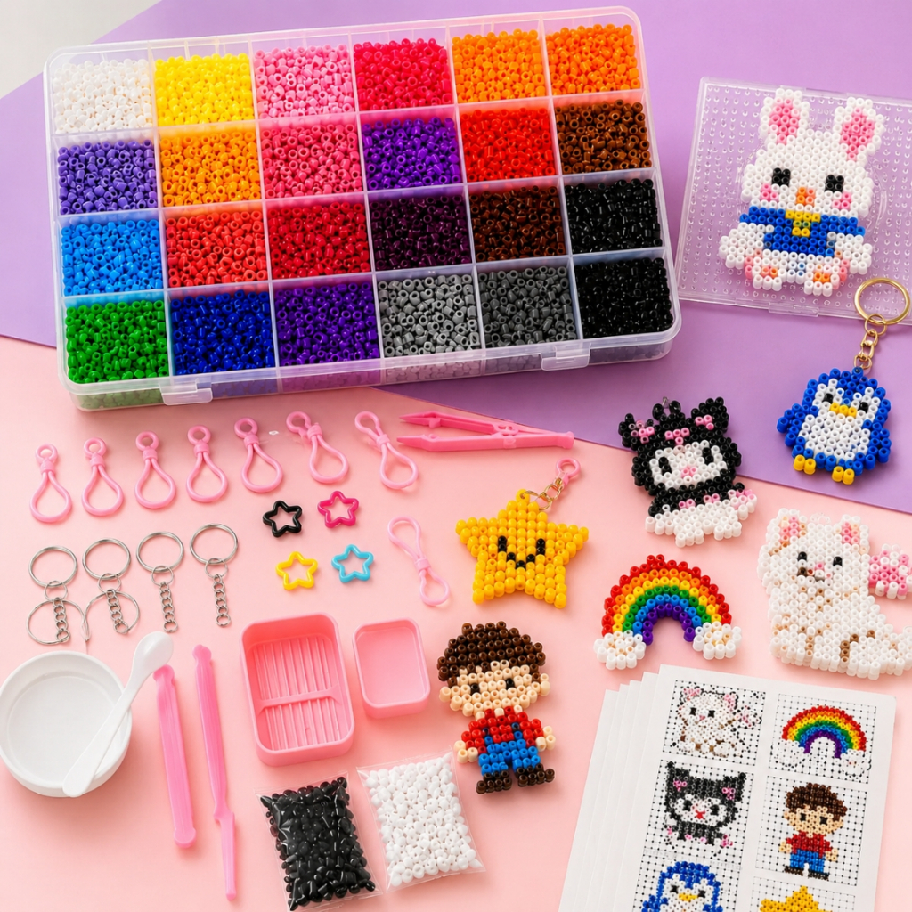 Kit Miçangas Diy Completo Beads Perler Pixel Art 24 Cores Chaveiros E Acessórios Com Pinça