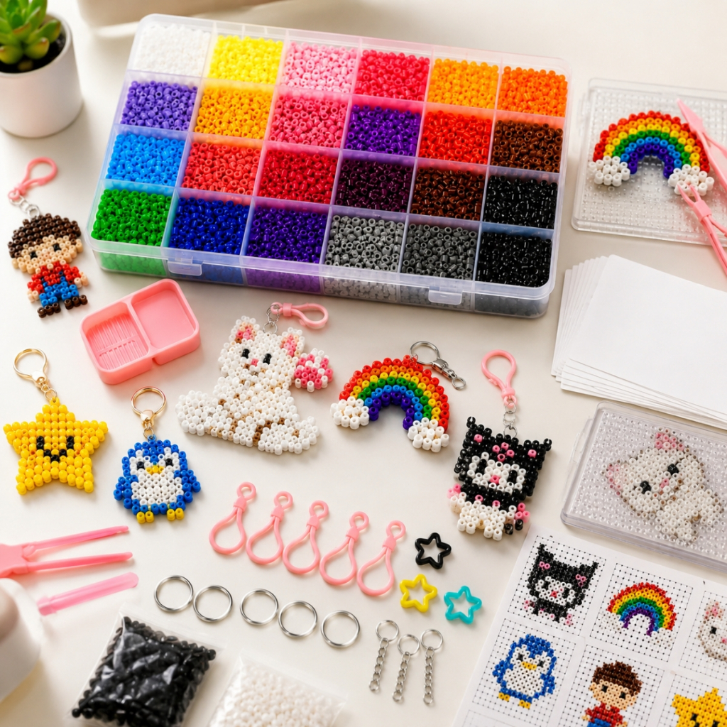 Kit Miçangas Coloridas 24 Cores Perler Beads Pixel Art Para Chaveiros Artesanato DIY Com Pinça