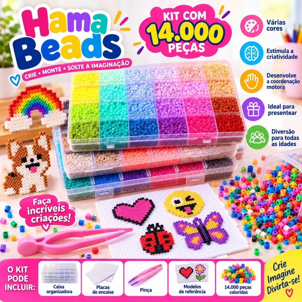 Kit Perler Beads 24 Cores Miçangas DIY Completo Com Pinça Chaveiros E Acessorios Pixel Art
