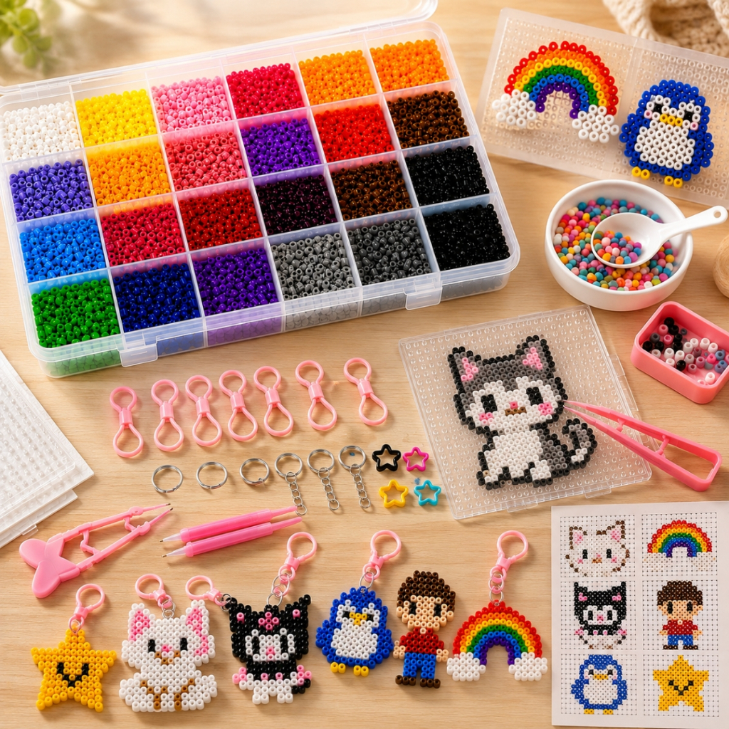 Kit Perler Beads Pixel Art 24 Cores 14000 Miçangas Completo Com Pinça Chaveiros E Acessorios DIY