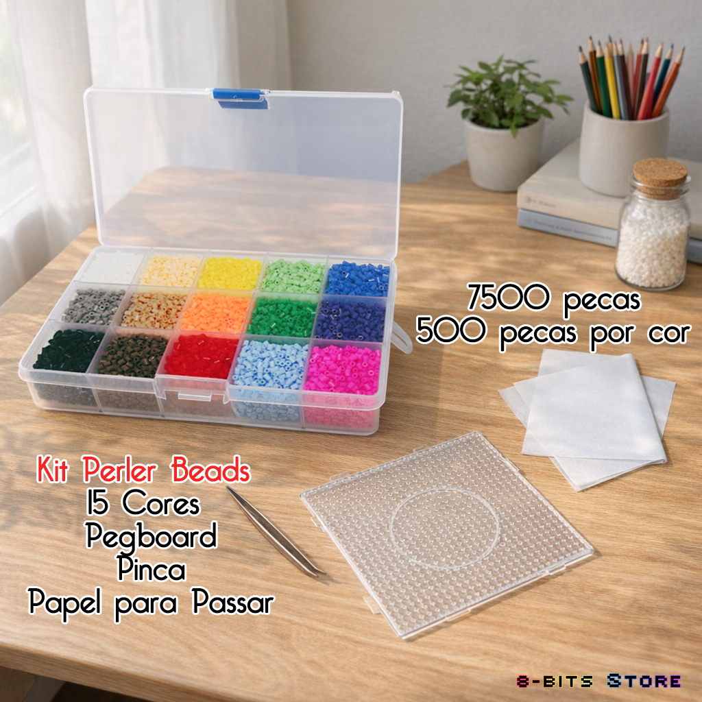 Kit Perler Hama Beads 2,6mm 7500 Peças com 15 Cores + Pegboard + Pinça + Papel