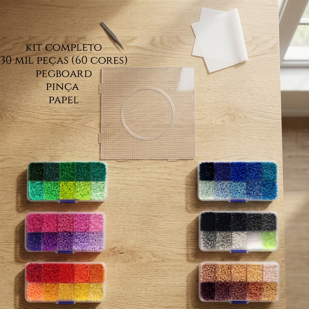 Kit Perler Hama Beads 2,6mm 60 Cores 30 Mil Peças Completo Caixinhas + Pegboard + Pinça + Papel