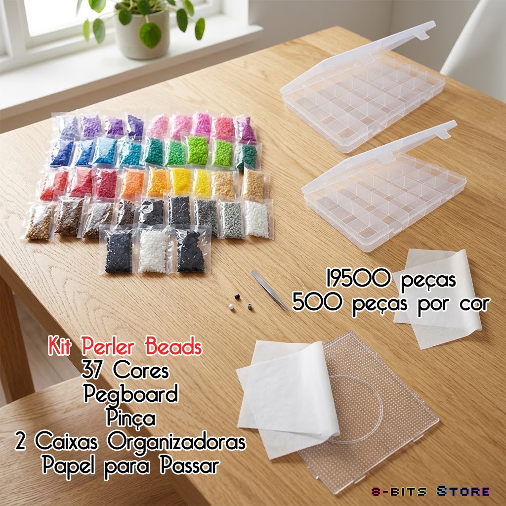 Kit Perler Beads 2,6mm 19,5 Mil Peças com 37 Cores + Pegboard + Pinça + Caixa Organizadora + Papel