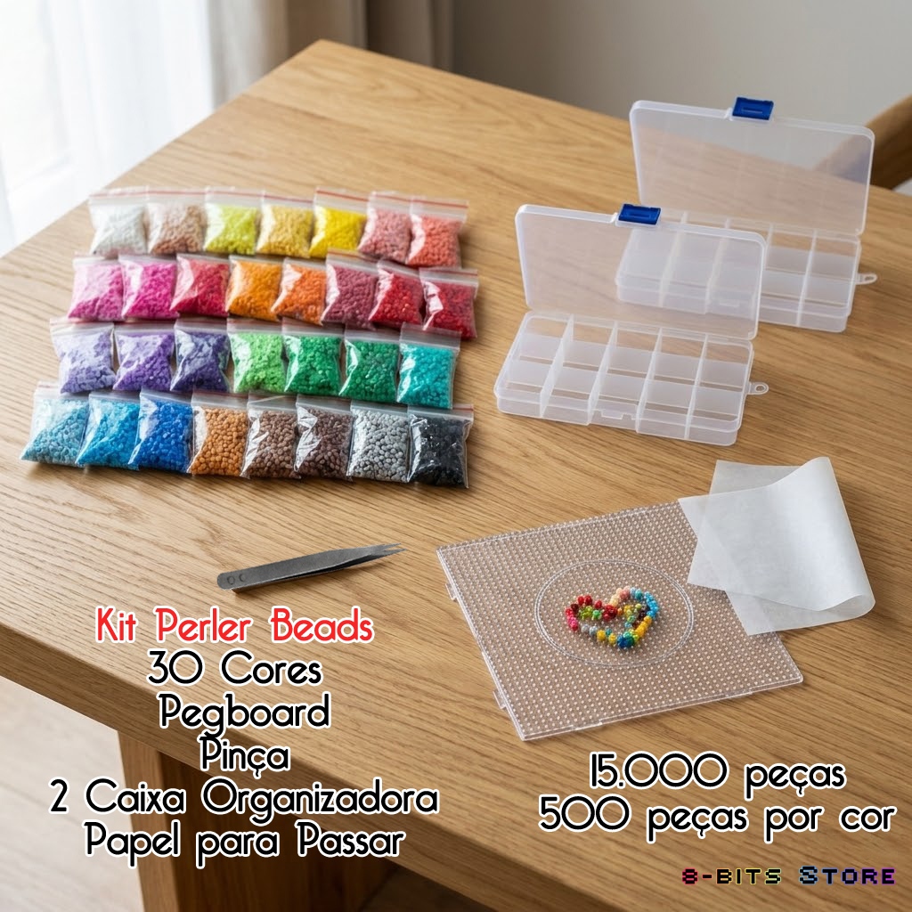 Kit Perler Beads 2,6mm - 15 Mil Peças com 30 Cores + Pegboard + Pinça + Caixa Organizadora + Papel