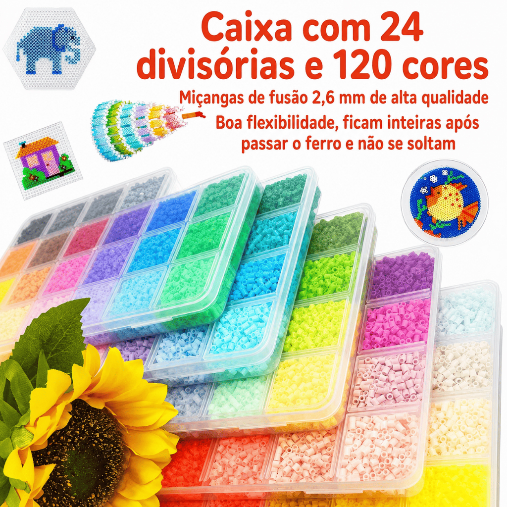 Kit Miçangas Beads 2,6mm 14.000 Peças 120 Cores com Acessórios para Pixel Art DIY Artesanato Chaveiro