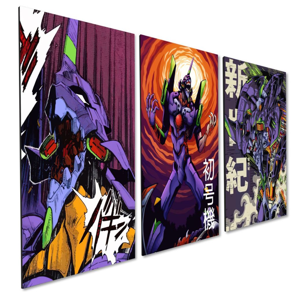 kit 3 Quadro Decorativo Anime Minimalista Neon Genesis Evangelion Exclusiva Quarta Sala Geek