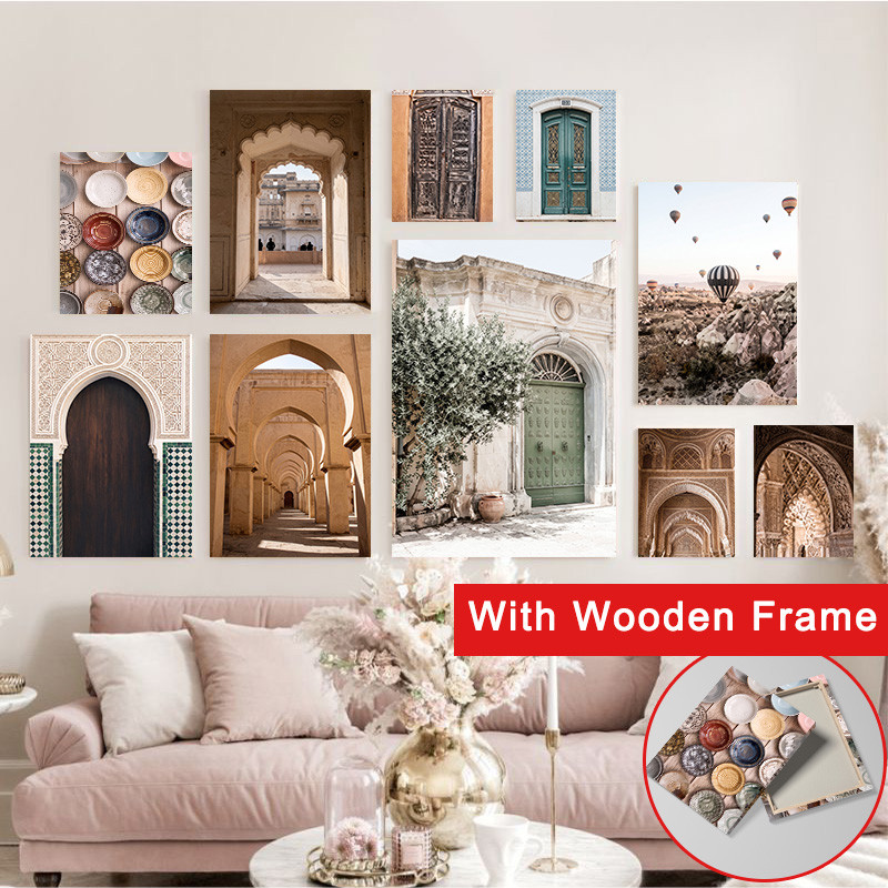 (Com Moldura) Impressão Em Tela Arquitetônica Marroquina Vintage Oriental Door & Tile Canvas Poster Global Boho Travel W
