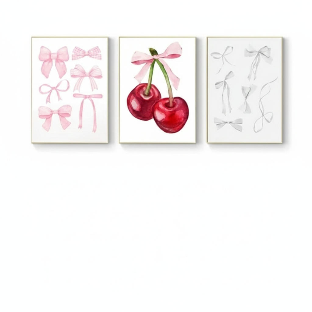 Quadros decorativos Rosa preto e cinza engraçado Cartoon Bow Art Poster, cereja (3 peças)
