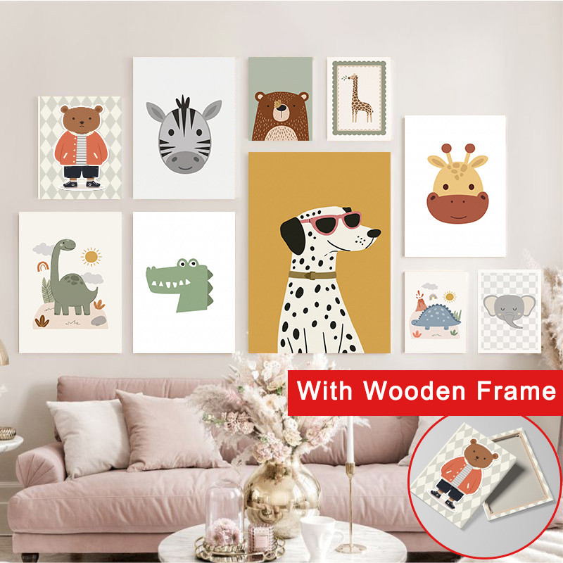 (Com Moldura) Neutro Boho Animal Canvas Print Cute Safari Dinosaur Zoo Cartoon Wall Art Mínimo Berçário Poster Estético