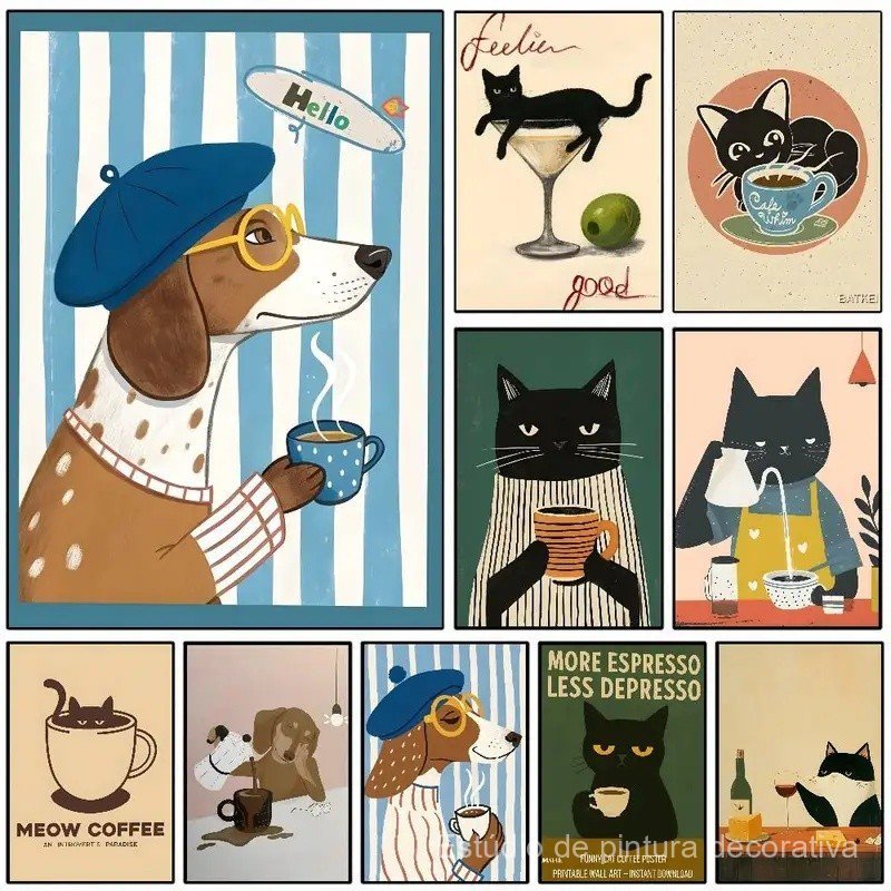 Pôster Artístico Boho Minimalista de Cães e Gatos em Estilo Cartoon para Decoração de Casa, Quarto e Sala de Estar, Pres