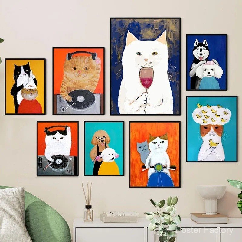 Pôster de Animais Divertidos em Estilo Cartoon, Arte de Parede Moderna Nórdica, Pintura em Tela de Cão e Gato, Gato Toca