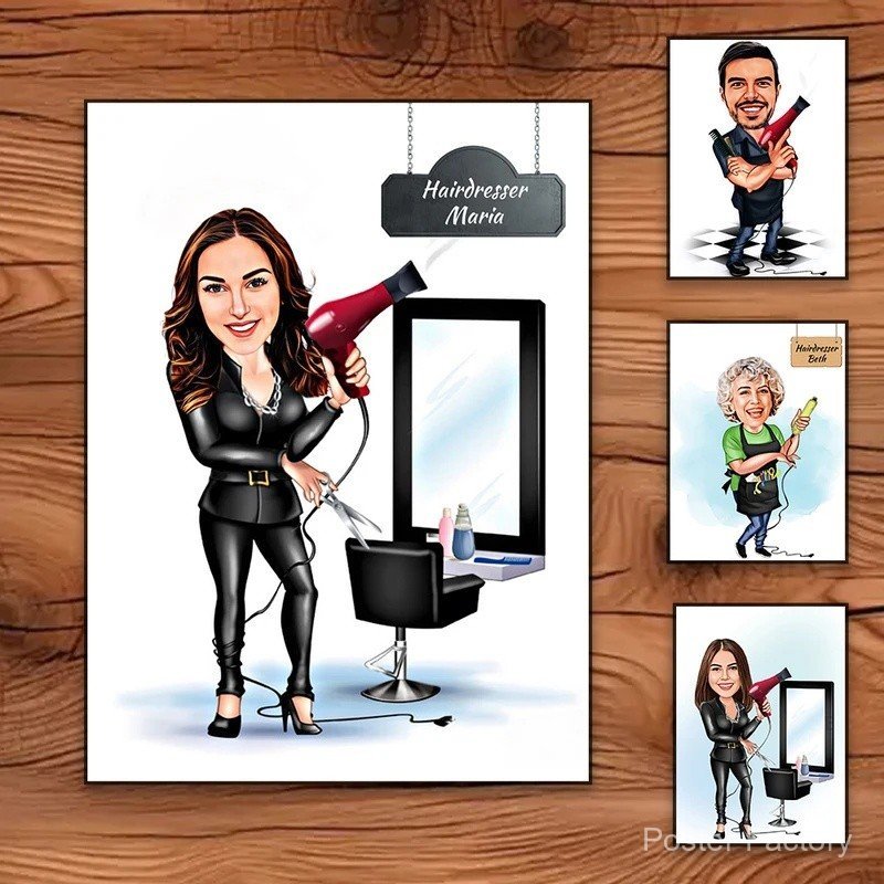 Pôster Personalizado de Retrato de Barbeira em Estilo Cartoon, Impressões de Caricatura de Estilista de Moda, Pintura em