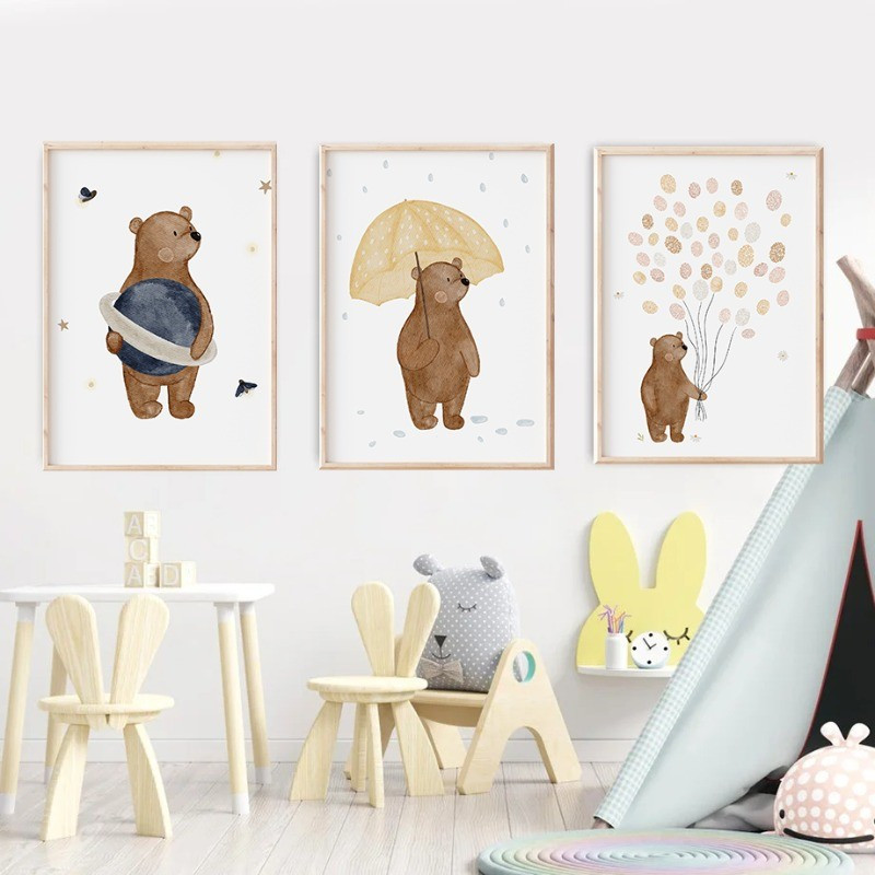 Pôster Moderno de Urso Fofo em Estilo Cartoon, Pintura em Tela de Animal, Adequado para Berçário, Quarto Infantil, Decor