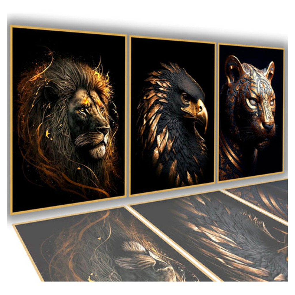 KIT 3 Decorative Frame Metal Nordic Gold Leao Aguia Tigre