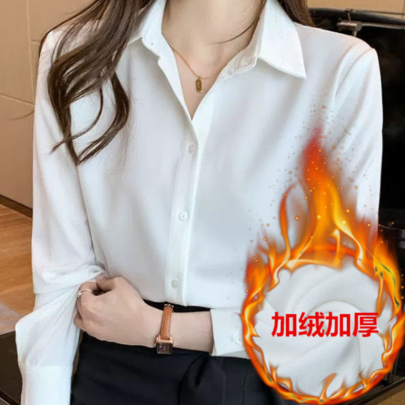 Forro de lã branco camisa profissional feminina manga comprida outono inverno tamanho grande quente Formal wear workwear