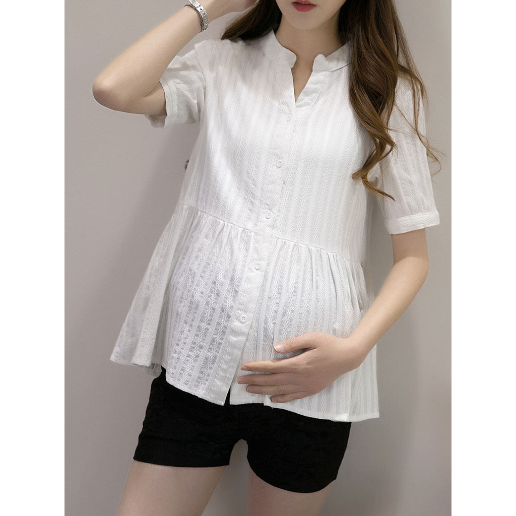 Camisa de maternidade verão novo estilo de manga curta com decote em V Workwear curto topo moda branco versão coreana pu