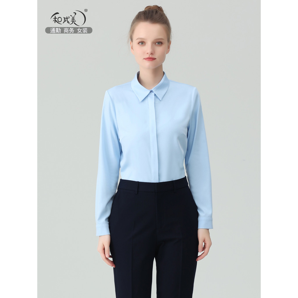 [Roupas femininas] Primavera outono camisa feminina workwear branco azul tamanho grande camisa de manga comprida workwea