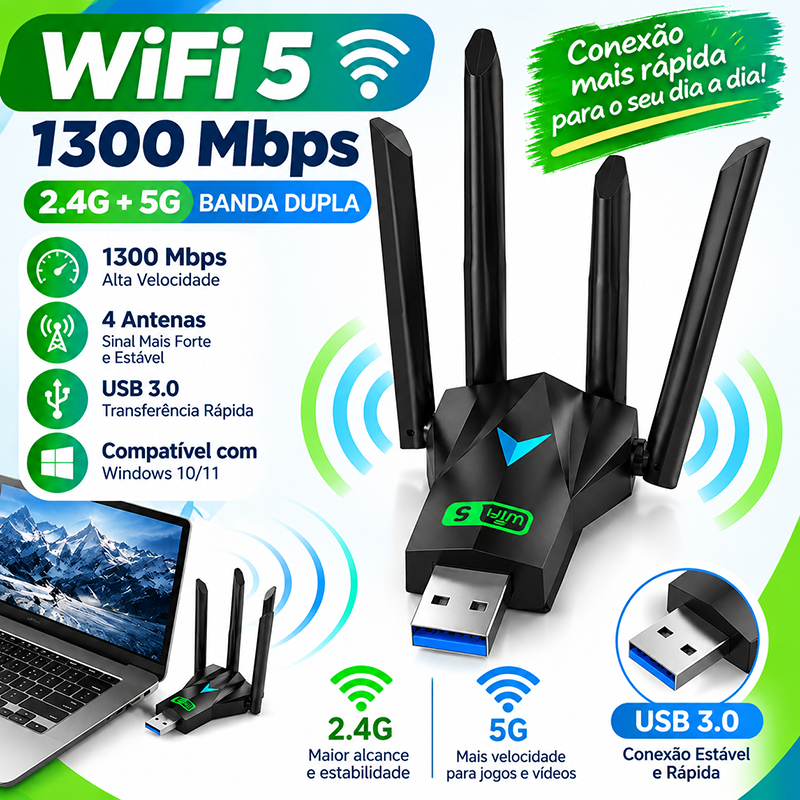 USB Wifi Adaptador Antena 2.4GHz 5GHz Driver Cartão de Rede Banda Dual Livre para PC Laptop