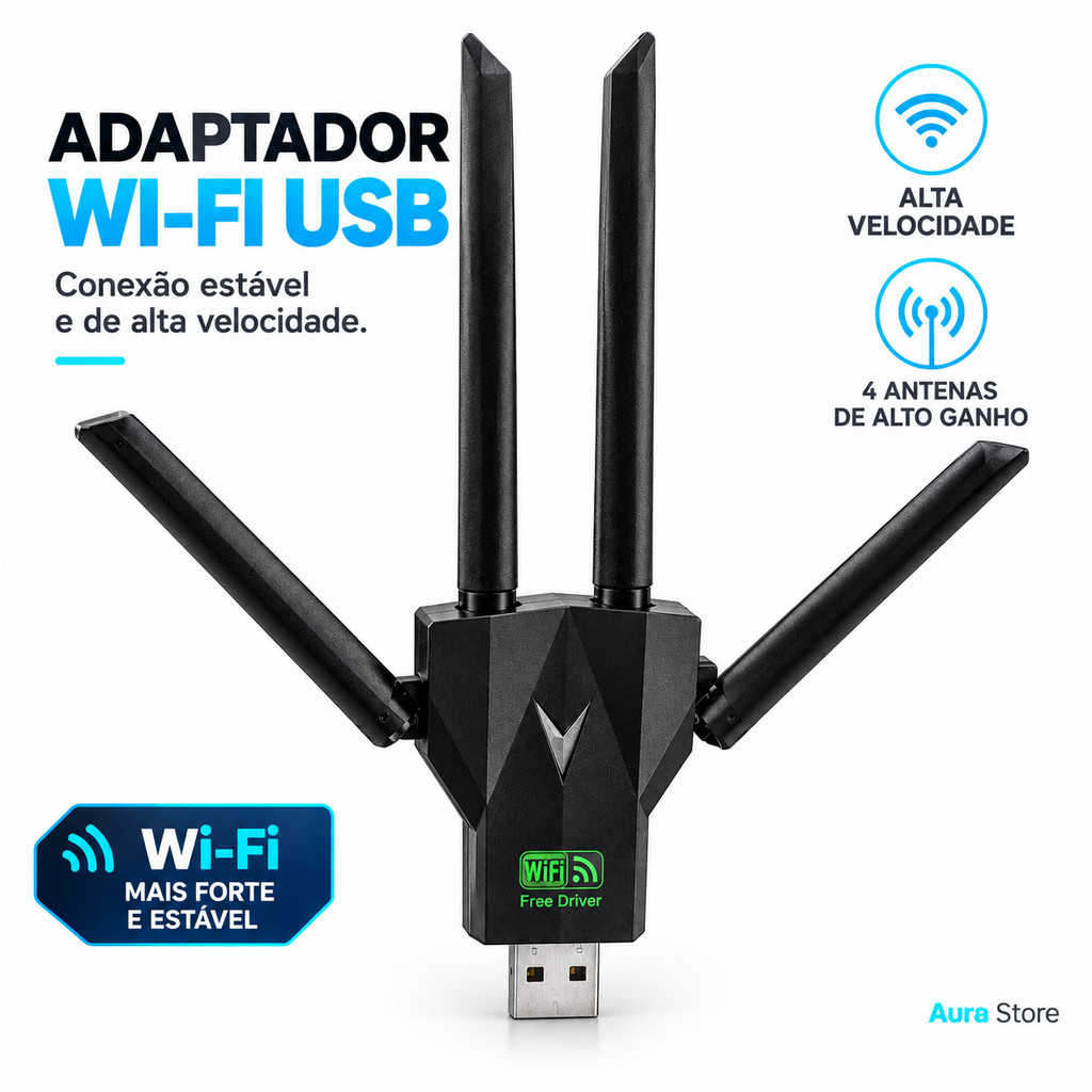 Adaptador USB Wifi 4 Antena 1300Mbps  2.4GHz 5GHz Placa De Rede Driver  Dual Band Para PC Laptop