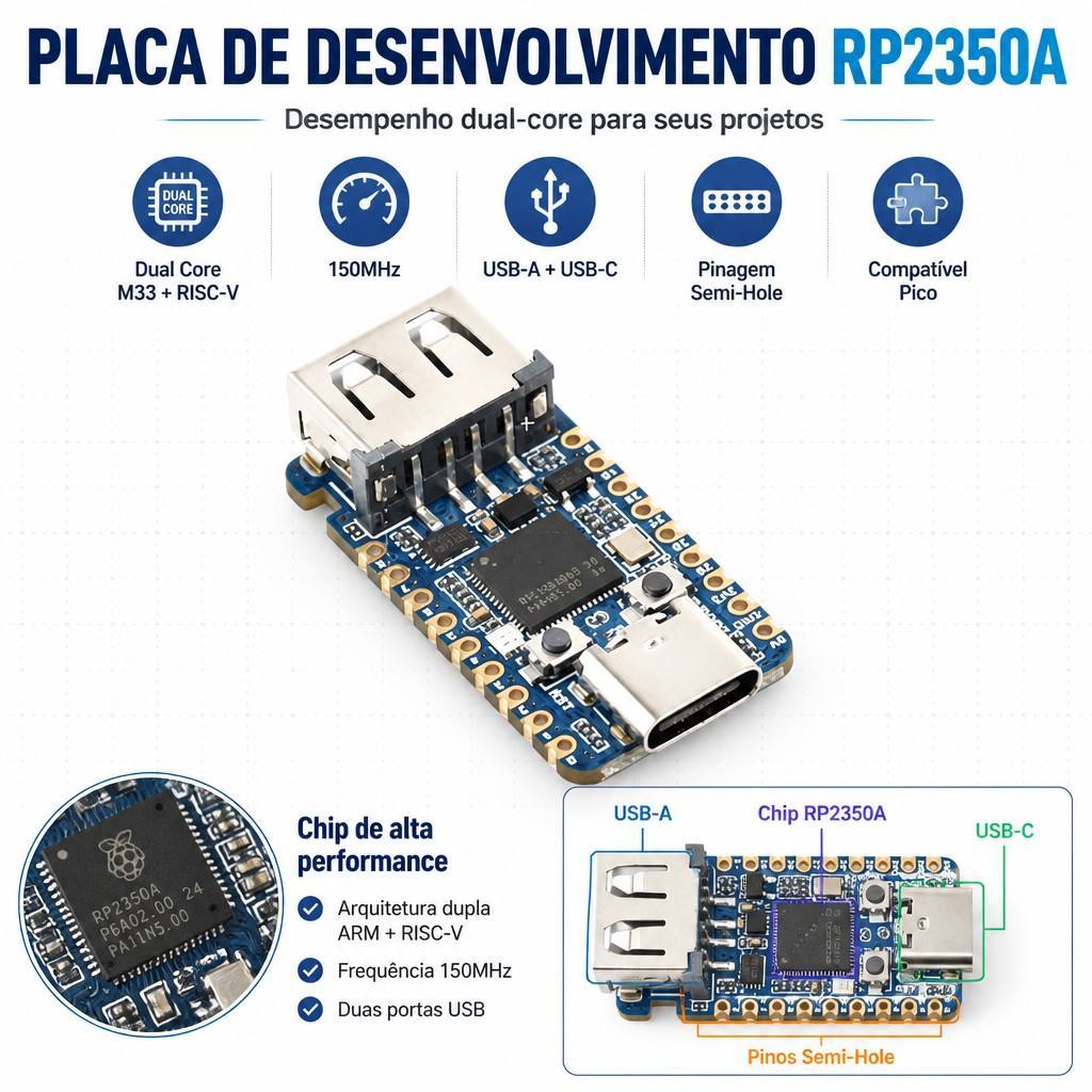 RP2350-USB-A Mini Placa de Desenvolvimento Raspberry Pi RP2350A Dual Core 150MHz USB Tipo A