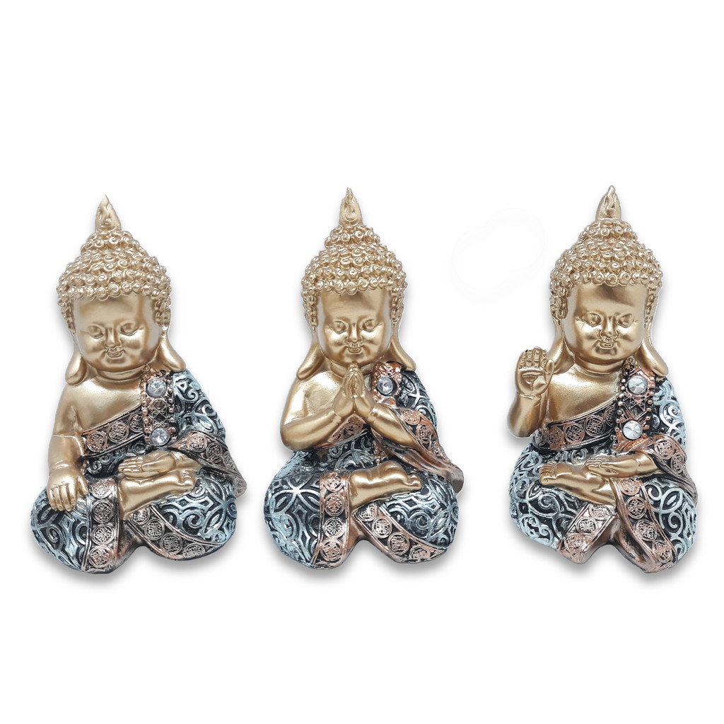 Kit Decoração Trio de Budas Tibetanos Proteção Budista 10 cm