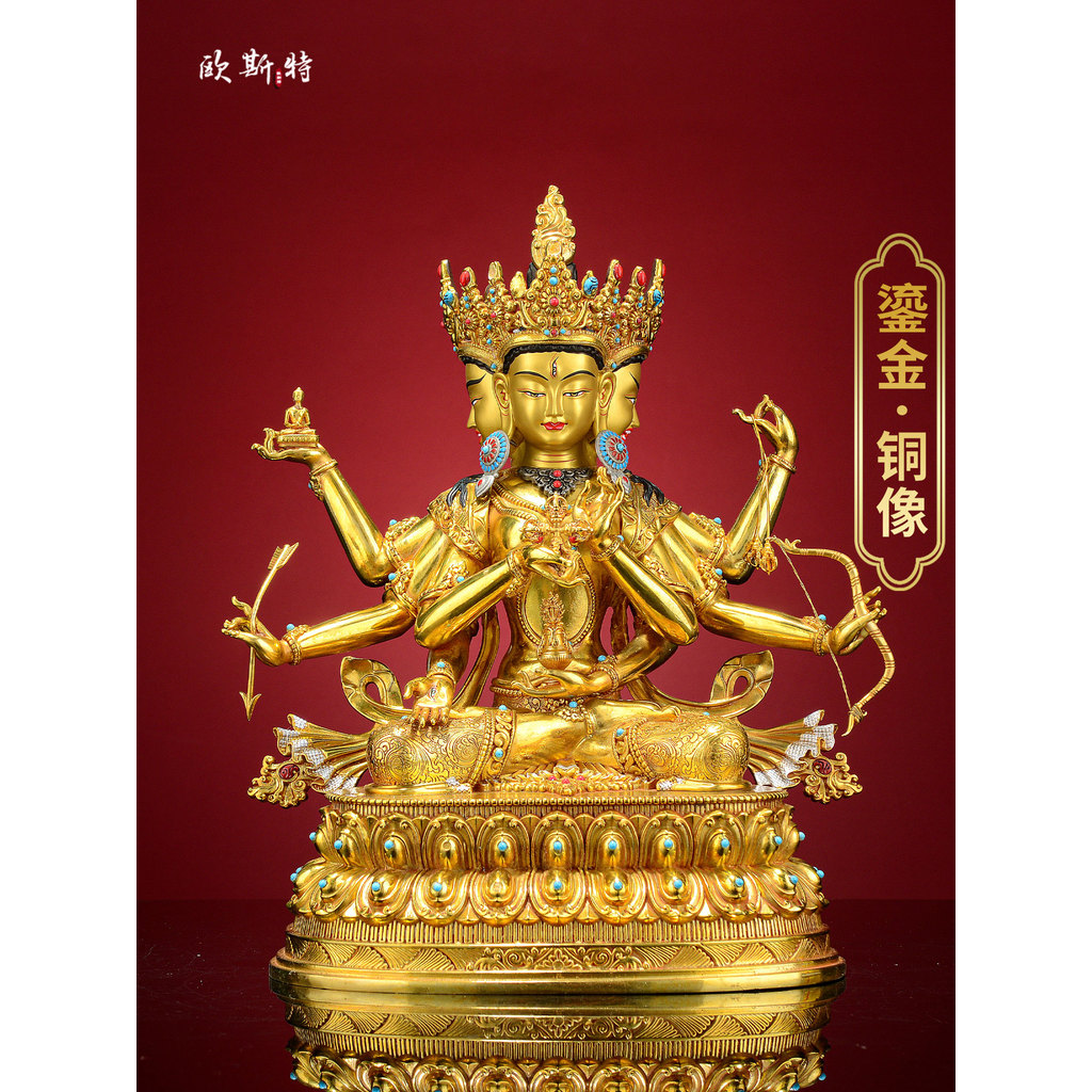 Oster All Gilt < Zunsheng Buddha Mother > Interior Doméstico Artesanal Escultura em Bronze Contas Coloridas Enfeites de
