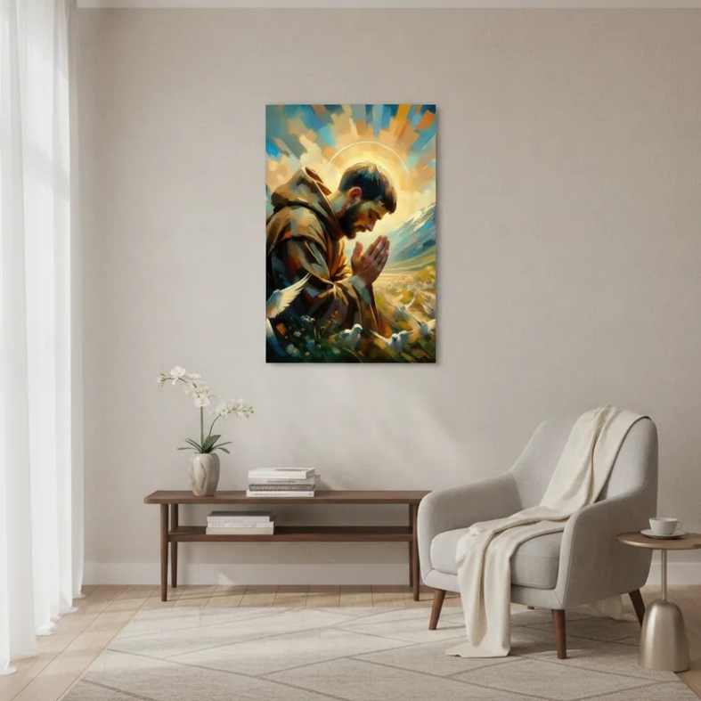 Quadro Arte Decorativa Religiosa Católica São Francisco Orando Servo de Deus Fé Paz Canvas 60x40