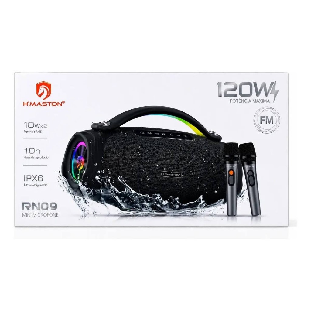 Caixa De Som Portátil H'Maston RN09 120W Bluetooth com 2 Microfones Sem Fio Karaokê LED RGB Prova D'água
