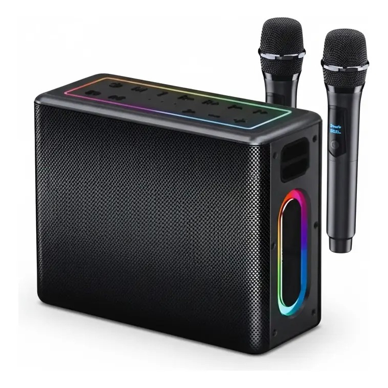 aixa de Som Bluetooth Portátil 120W com 2 Microfones Sem Fio LED RGB Karaokê