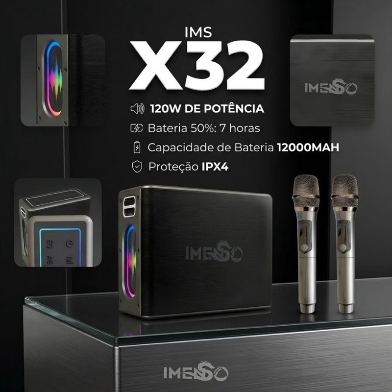 Caixa De Som Imenso IMS-X32 120w Com Luzes RGB Alça e 2 Microfones Sem Fio Recarregável Bivolt Som Potente Para Karaoke