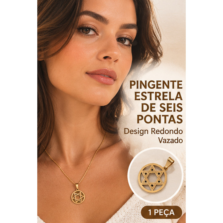 Pingente Estrela de Seis Pontas Dourado Redondo Vazado