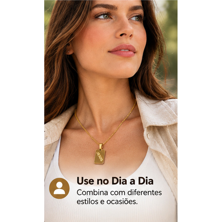 Pingente Dourado JESUS em Placa Retangular com Cantos Arredondados Acessório Religioso para Colar