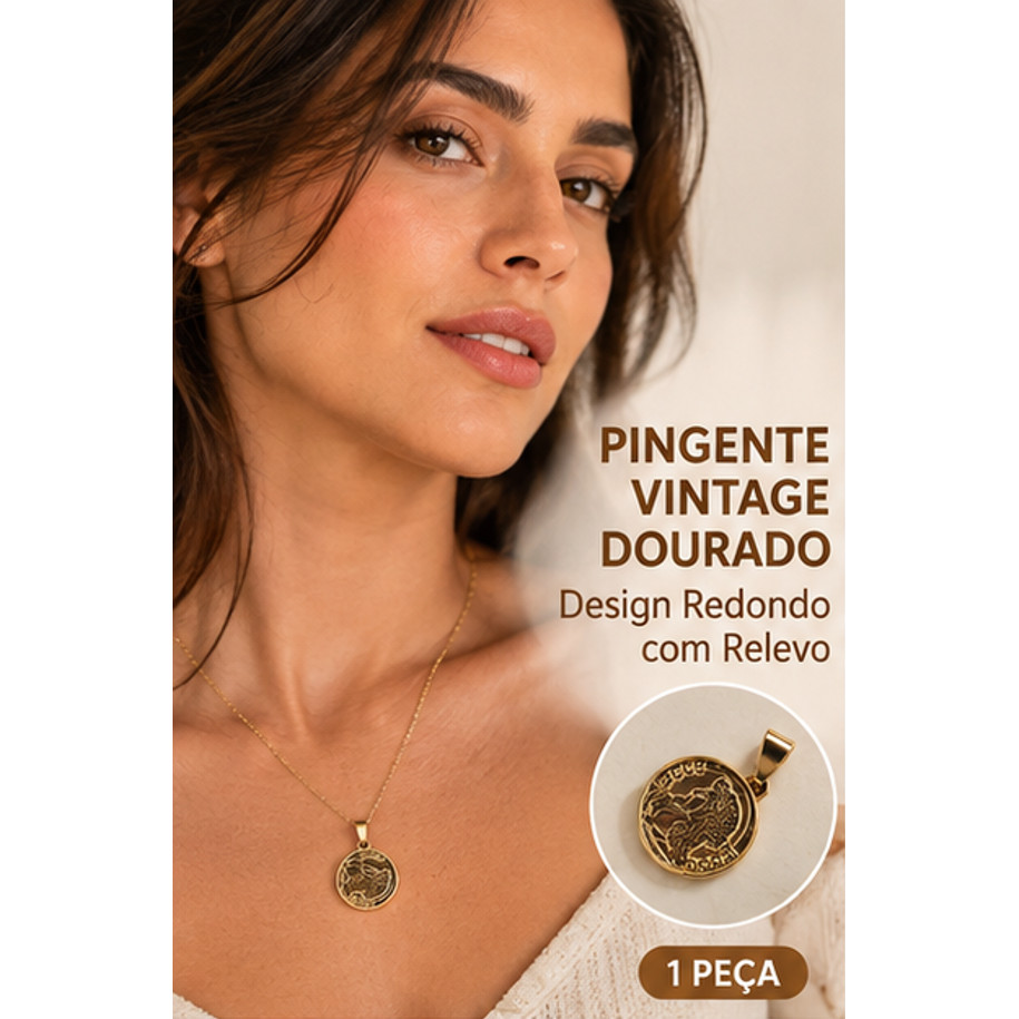 Pingente Redondo Dourado Vintage Com Relevo 1 Peça