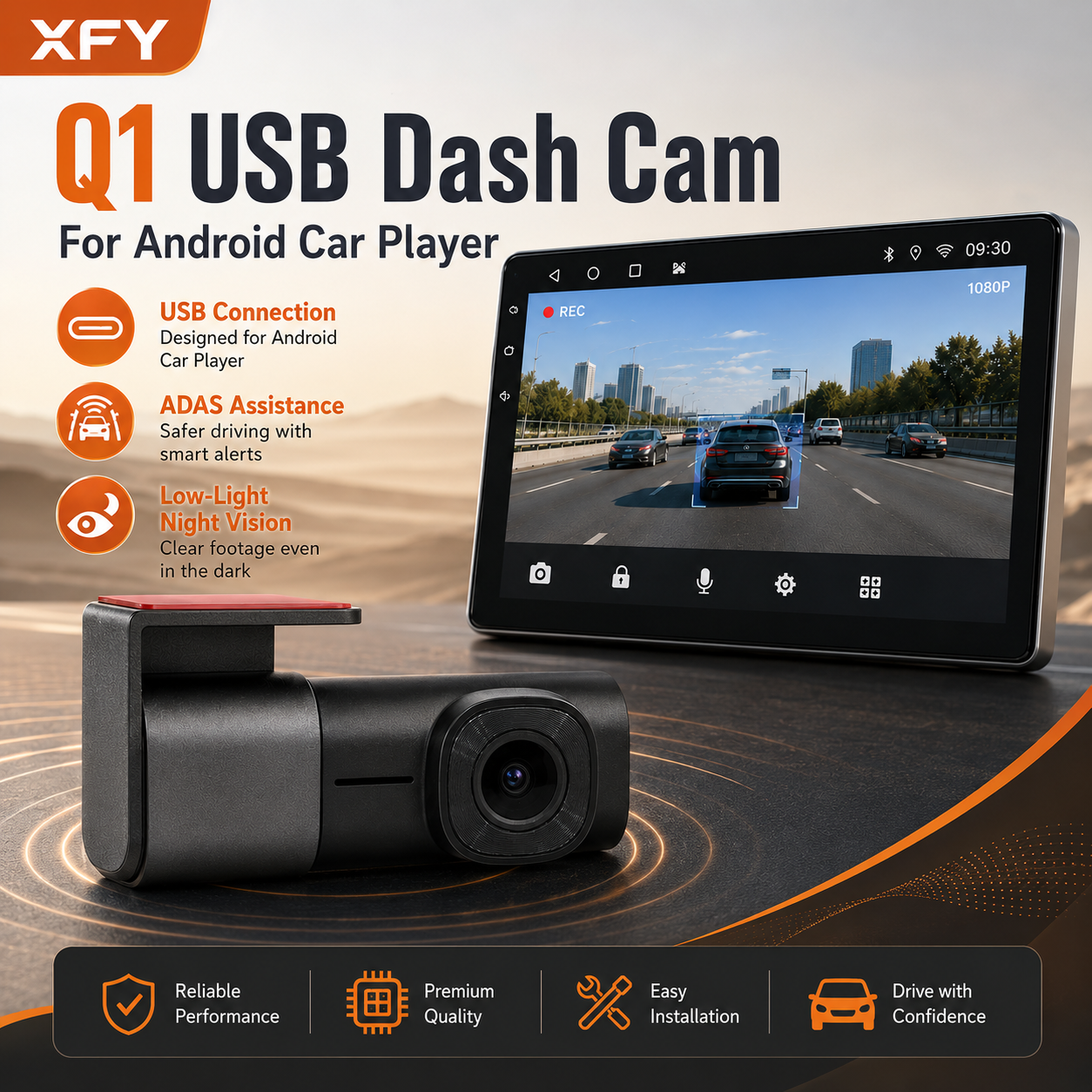 Xfy Q1 USB 1080p HD Dash Cam Para Android Car Player Adas 140 ° Plug & Play De Visão Noturna Grande Angular E Baixa Luz