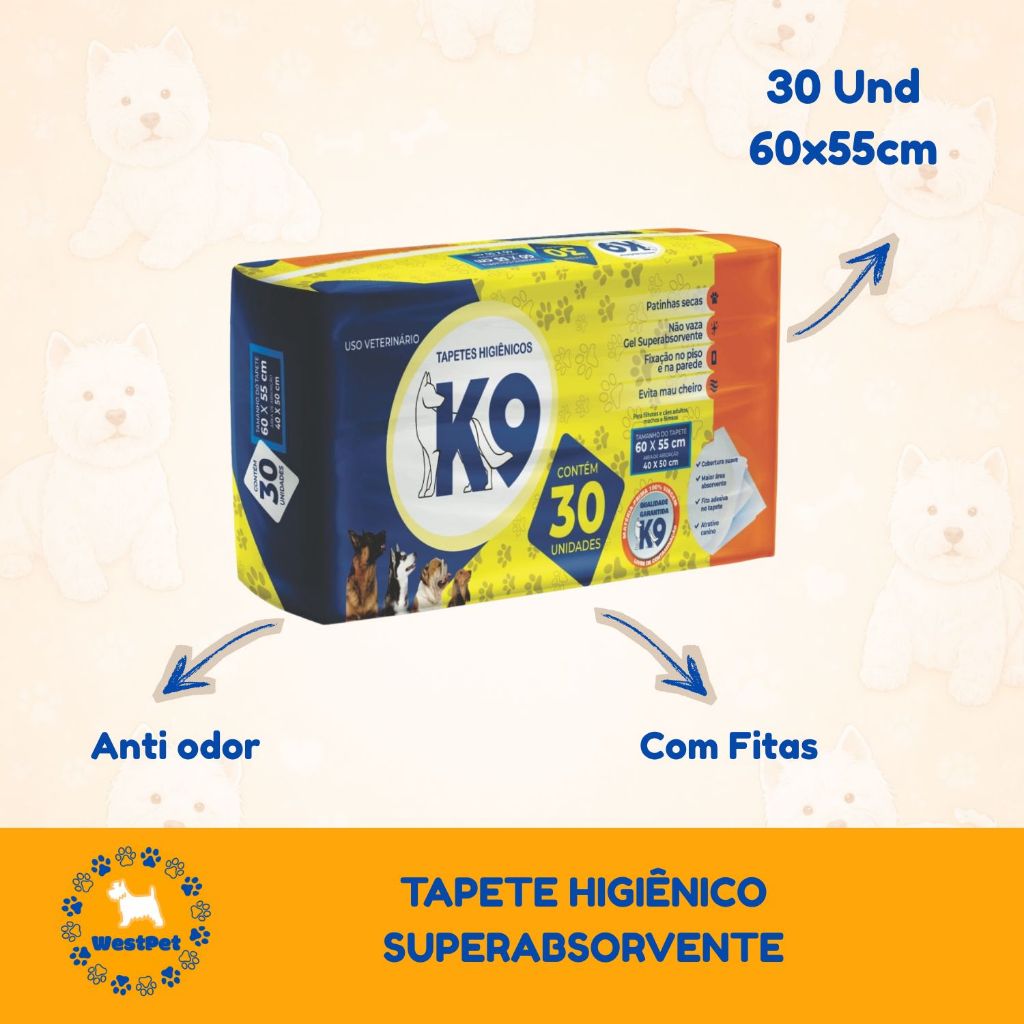 Tapete Higiênico Para Cachorro 60x55cm 30 Unidades Com Fitas Alta Absorção Anti Vazamento Sem Cheiro