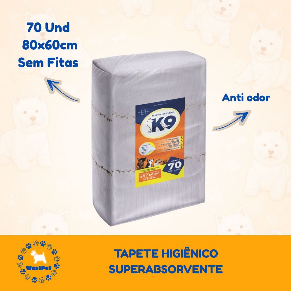 Tapete Higiênico Para Cachorro 80x60cm 70 Unidades Econômico Super Absorvente Anti Odor Sem Fitas
