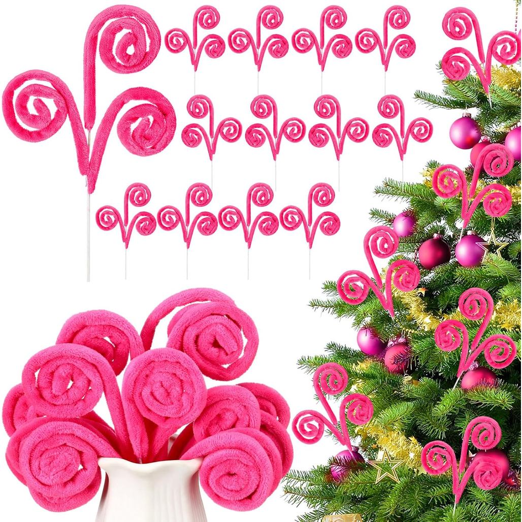 12 Pcs Hot Pink Curly Christmas Tree Picks Velvet Curl Decoration Spiral Curly Tree Topper Ornaments DIY Crafts for Wrea