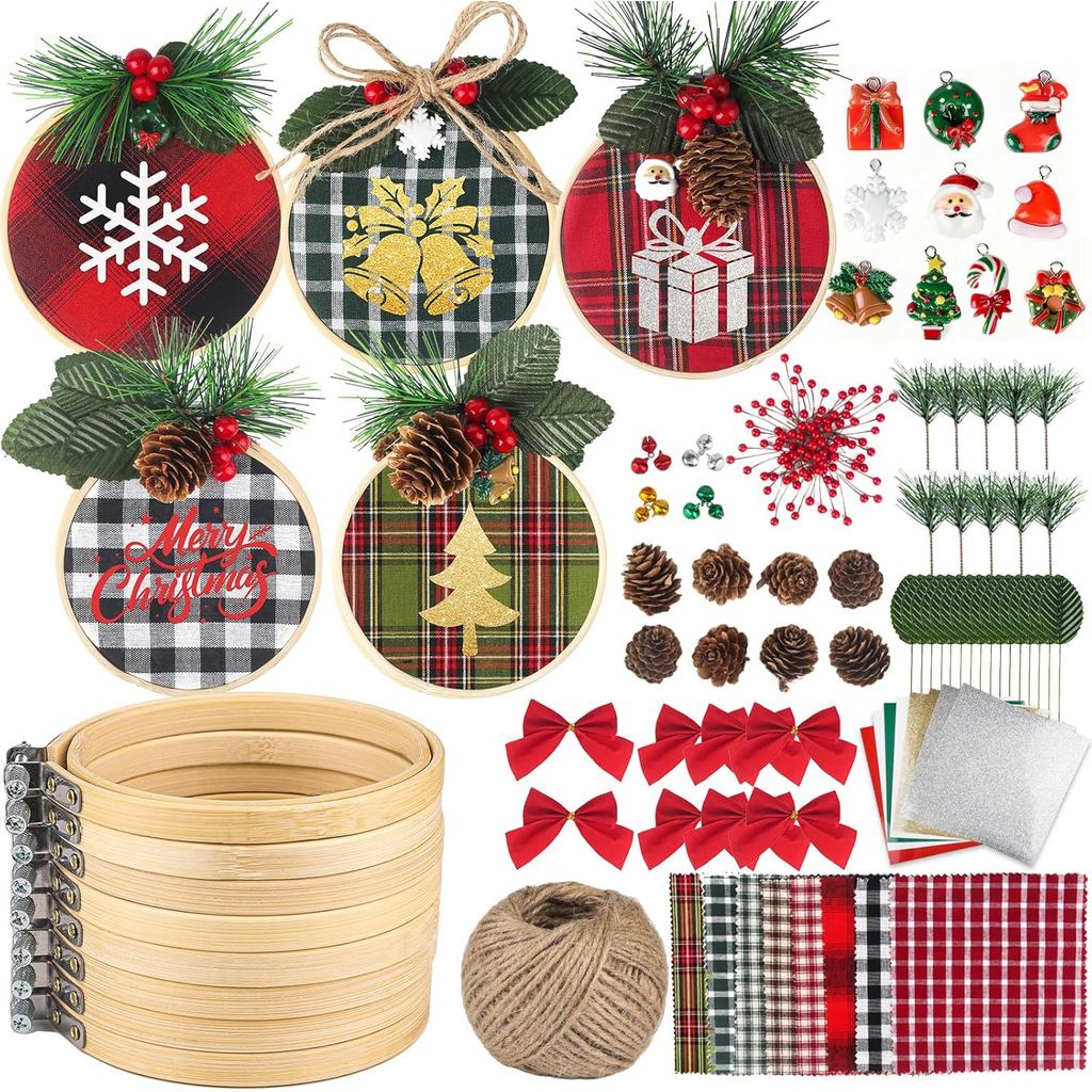 8 Pack DIY Christmas Ornaments Craft Kit, Christmas Ornaments Kits with Plaid Fabric Bamboo Hoops Pinecones Berries and