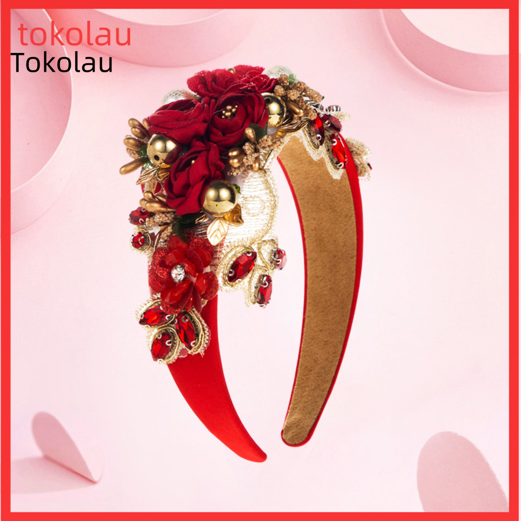 Flower Faux Pearl Headband Elegant Hair Accessory Women’s Wide Vintage Hoop Anti-slip Colorful Rhinestone Fake Luxury