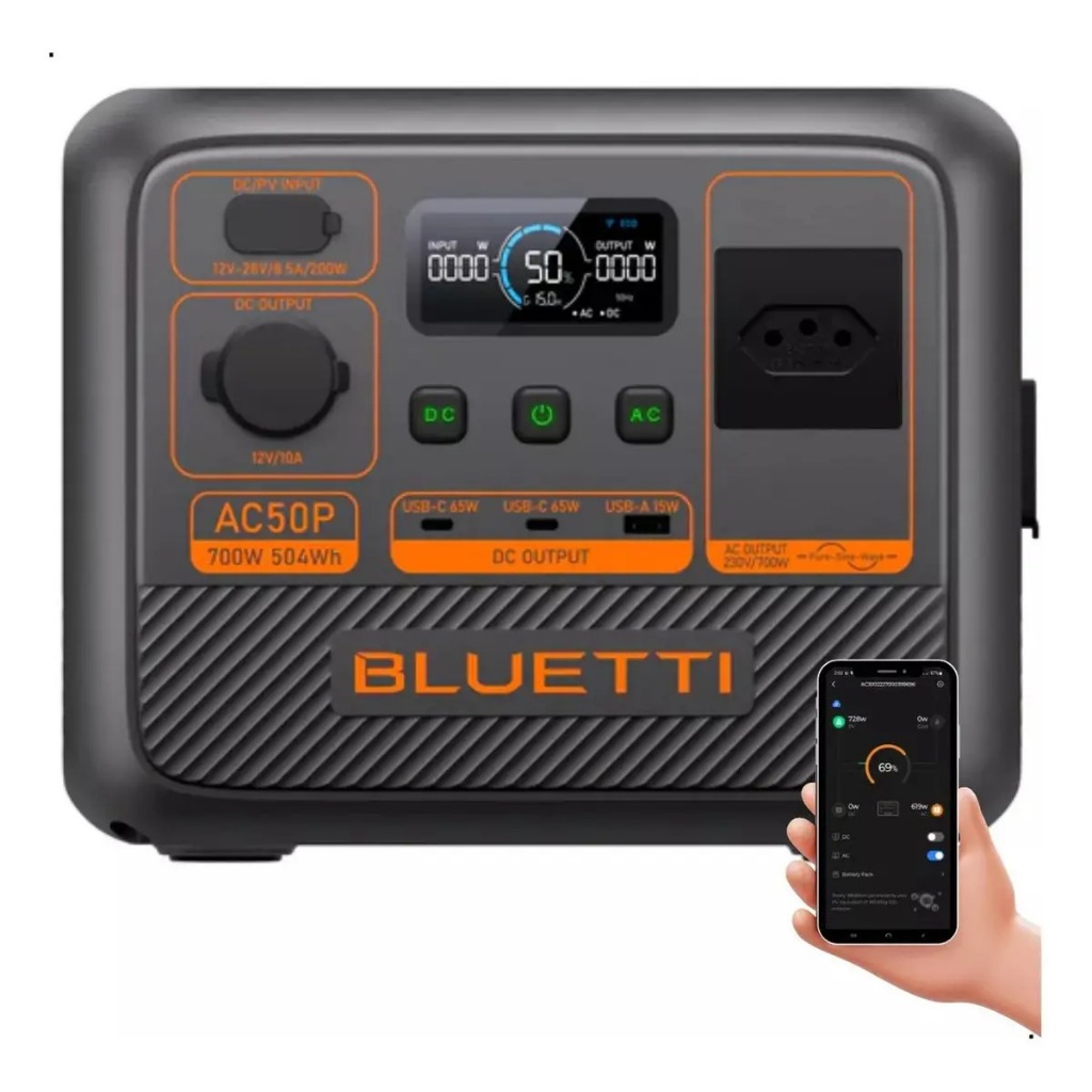 Estação de Energia Solar Portátil Bluetti AC50P 504Wh, 700W Bateria LiFePO4 Com 6 Modos de Carga 127V
