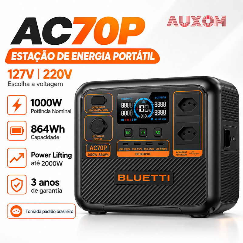 Estação de Energia Portátil 1000W 864Wh LiFePO4 Gerador Solar 127V/220V UPS